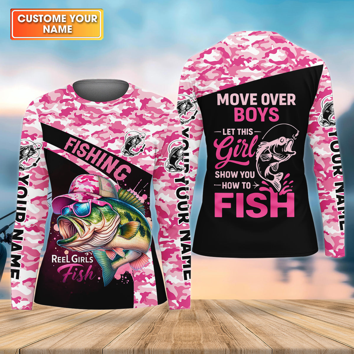 Personalized Move Over Boys Fishing Shirt, Pink Camo Girl Angler, Custom Name Fishing Shirt