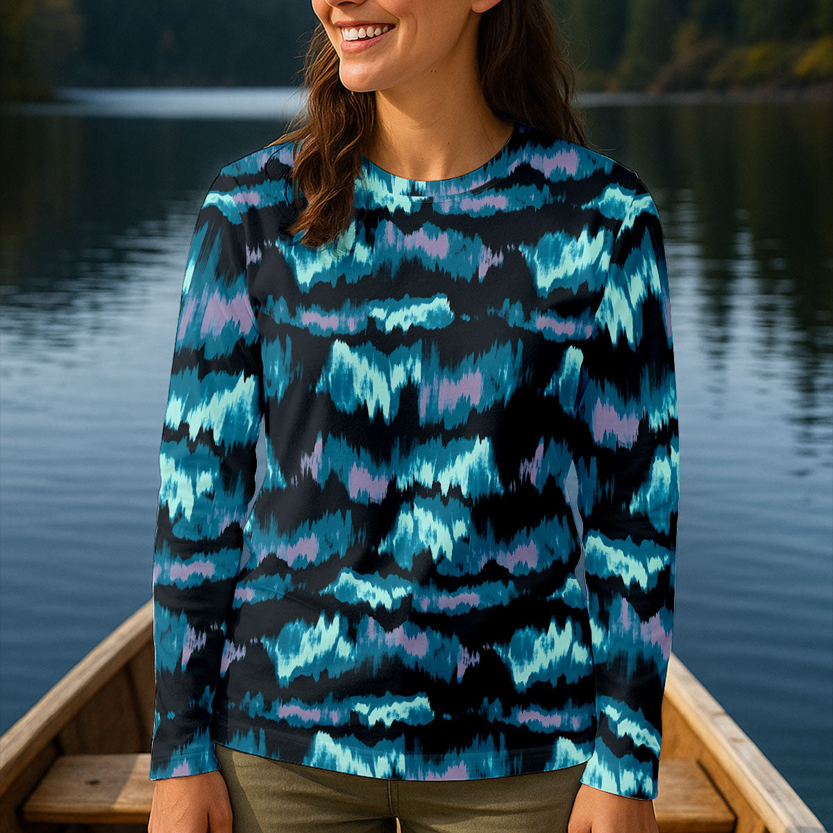 Blue Ikat Pattern Fishing UPF Shirts, Women Fishing Shirt, Fisherwomen SPF Long Sleeve Shirts