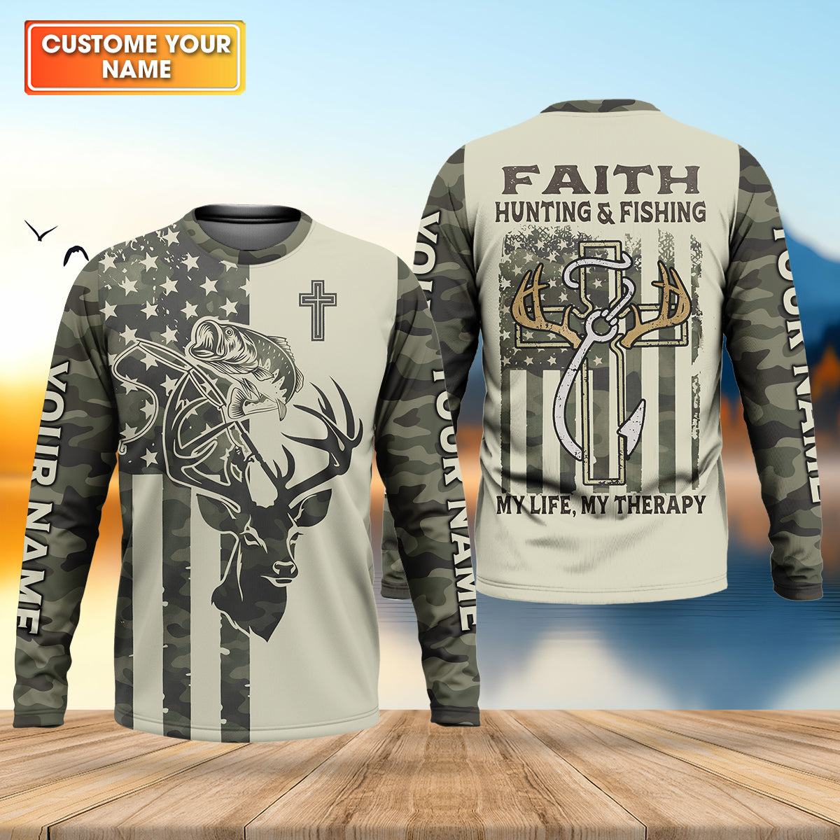 Faith Hunting Fishing Shirt, Christian Camo Deer Bass Patriotic Long Sleeve, Fishing UPF Shirts