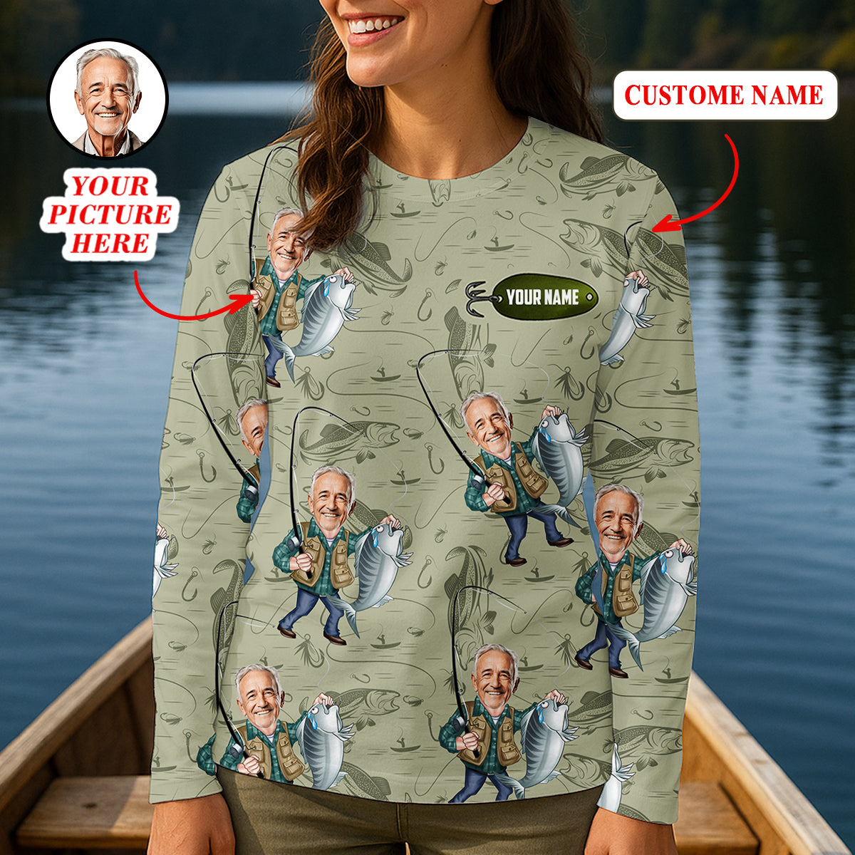 Funny Caricature Face Fishing Shirt, Funny Fishing Shirt, Women SPF Shirt, Fishing Shirt Long Sleeve