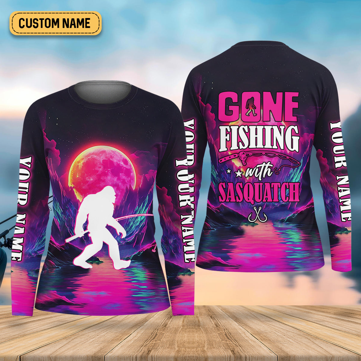 Gone Fishing With Sasquatch Fishing UPF Shirts, Funny Fishing Shirt, Bigfoot Fishing Shirt For Women