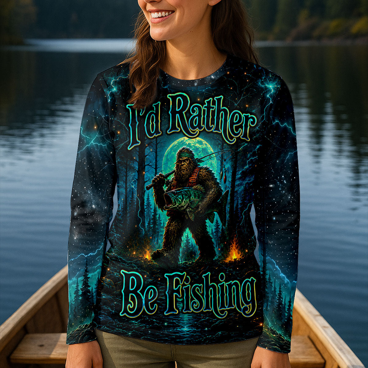 Bigfoot Rather Be Fishing Long Sleeve Shirt, Women's Long Sleeve Shirt, Fishing Gift For Women
