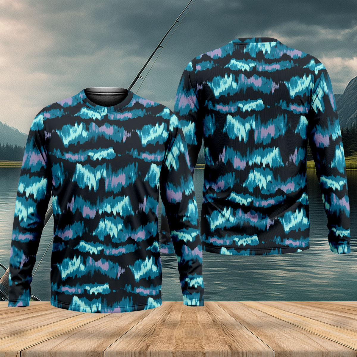Blue Ikat Pattern Fishing UPF Shirts, Long Sleeve Fishing Shirts, Fishing Shirts For Men