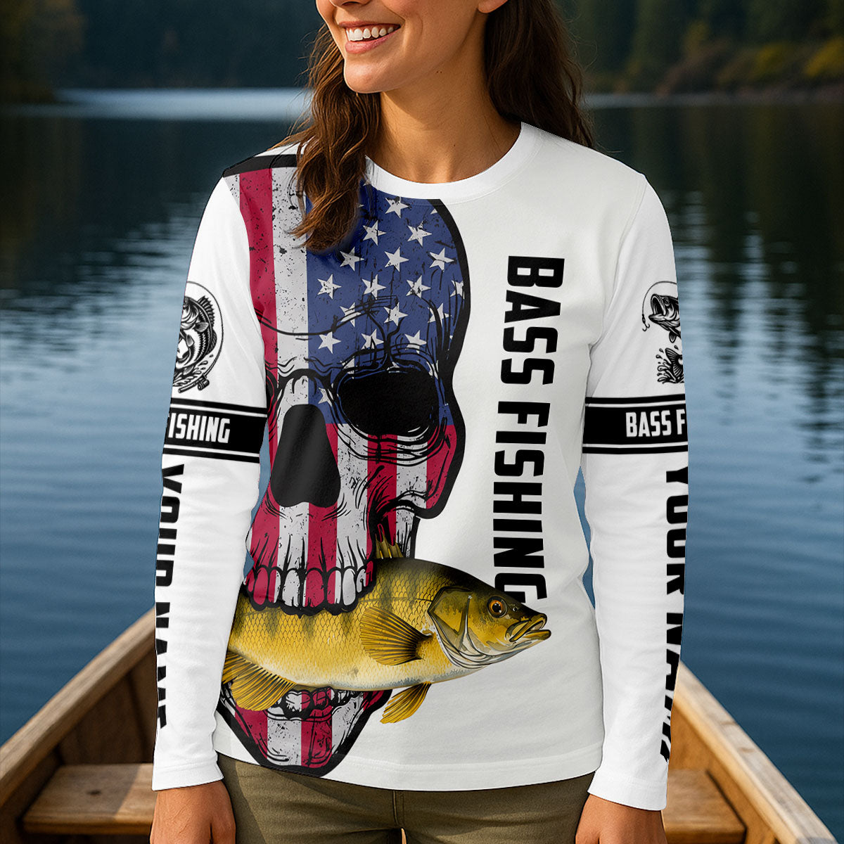 American Flag Bass Fishing Skull UPF Shirt, Fishing Shirts For Women, Fishing Shirts