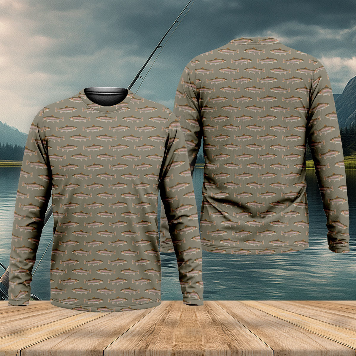 Rainbow Trout Pattern Pewter Grey Fishing UPF Shirts, Long Sleeve Fishing Shirts, Fishing Shirts For Men