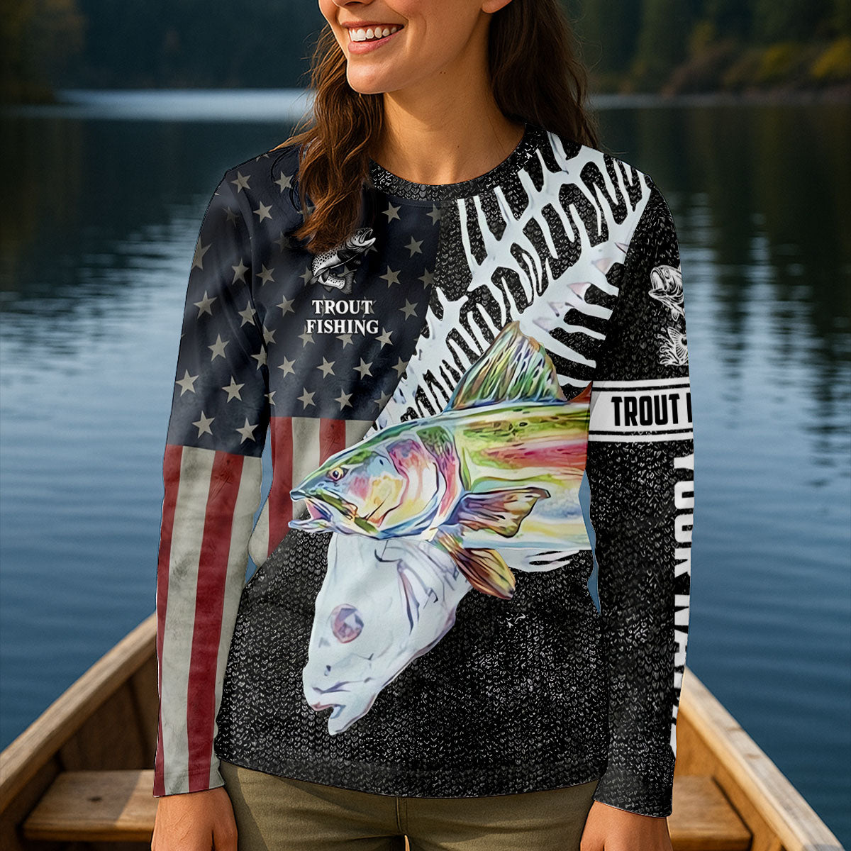 Trout Fishing American Flag Long Sleeve Shirt, Women’s Fishing Shirts, UPF Fishing Sh