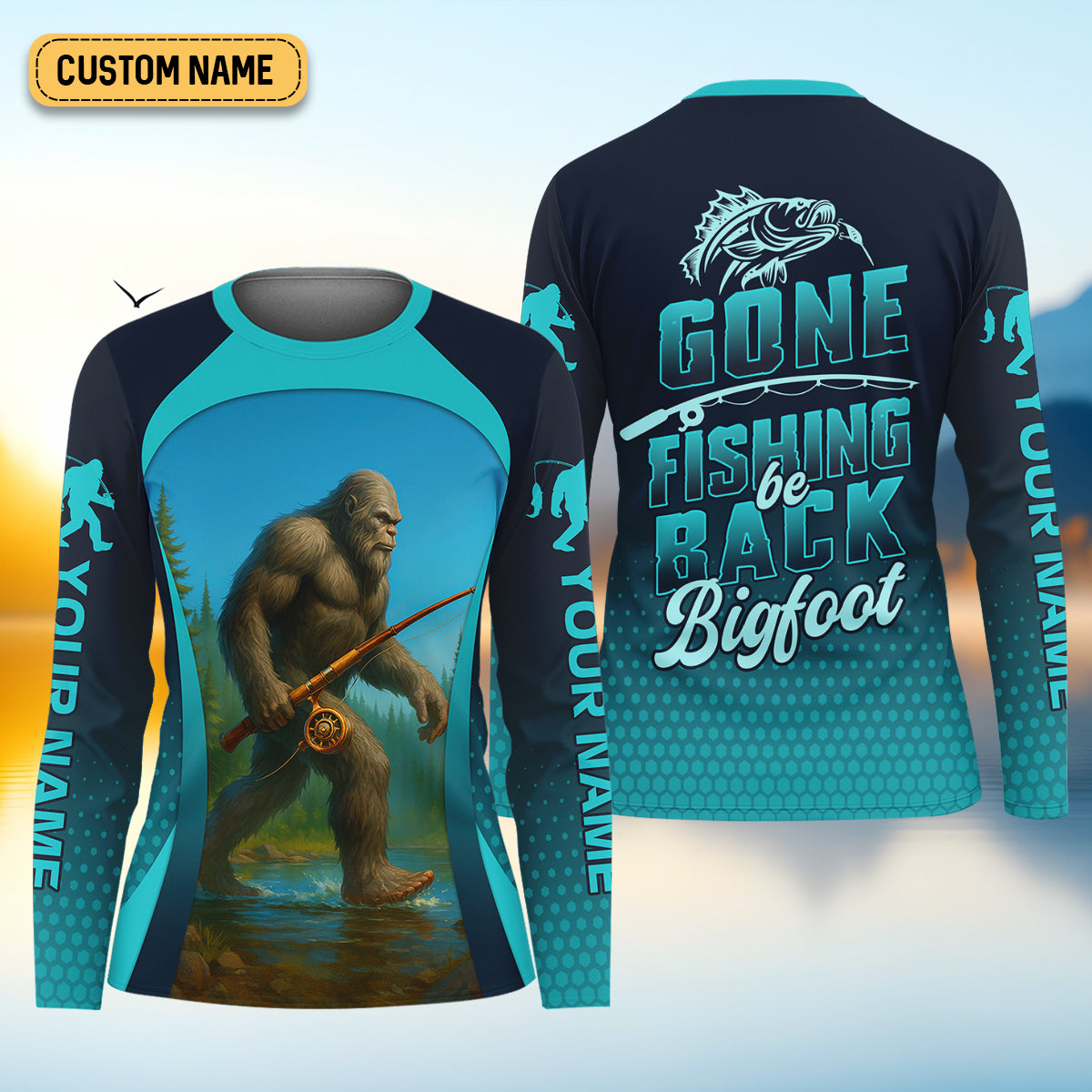 Gone Fishing Be Back Bigfoot Blue Fishing Shirt, SPF Long Sleeve Shirts Womens, Fishing Shirt For Women