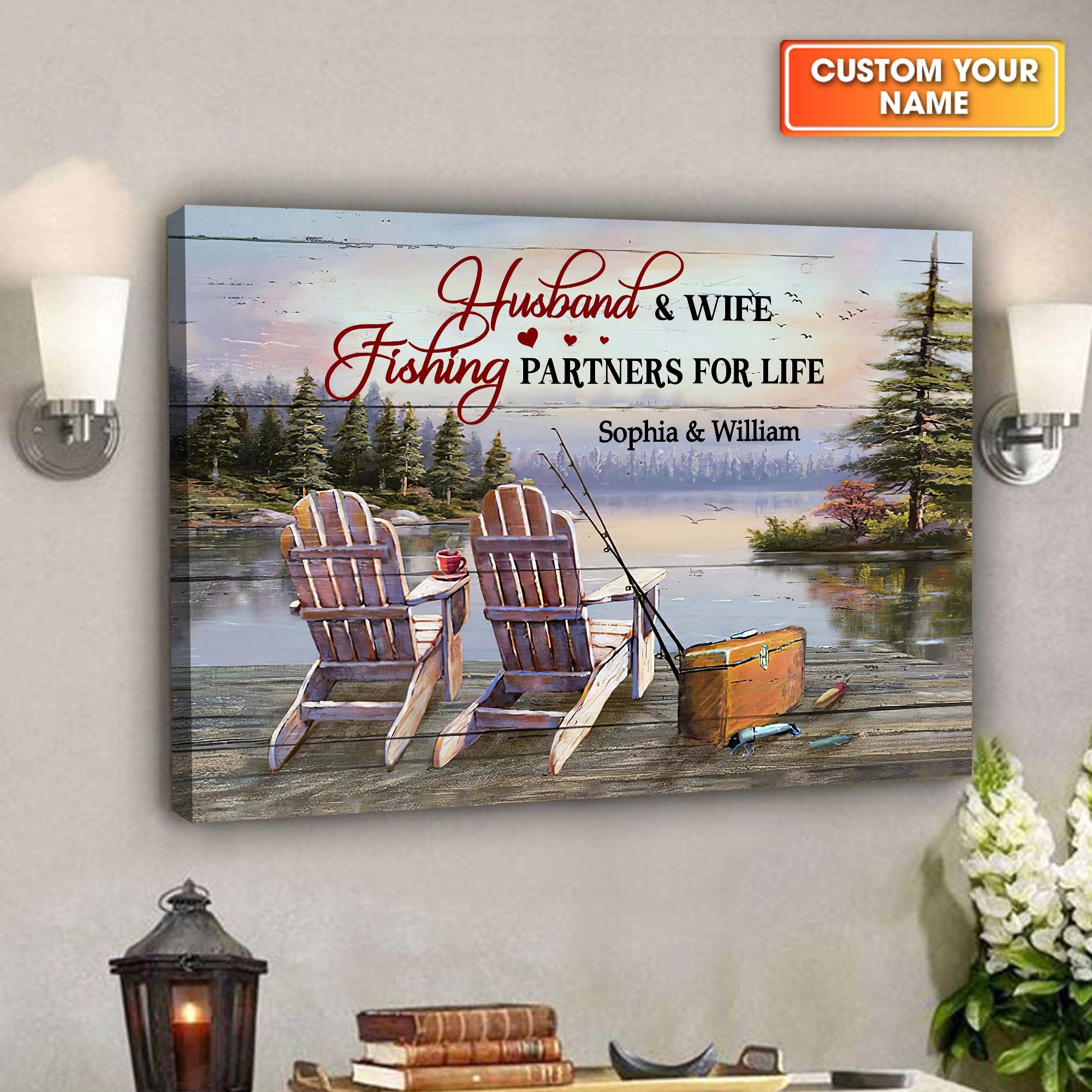 Husband And Wife Fishing Partners For Life Lake Side Canvas Wall Art, Valentines Fishing Custom Couple Gift