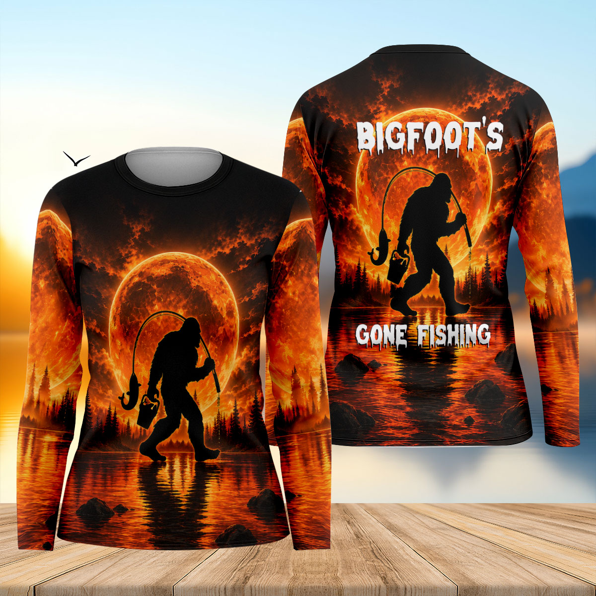 Bigfoot Gone Fishing Long Sleeve Shirt, Women's Fishing Shirt, Sasquatch Fishing Shirt