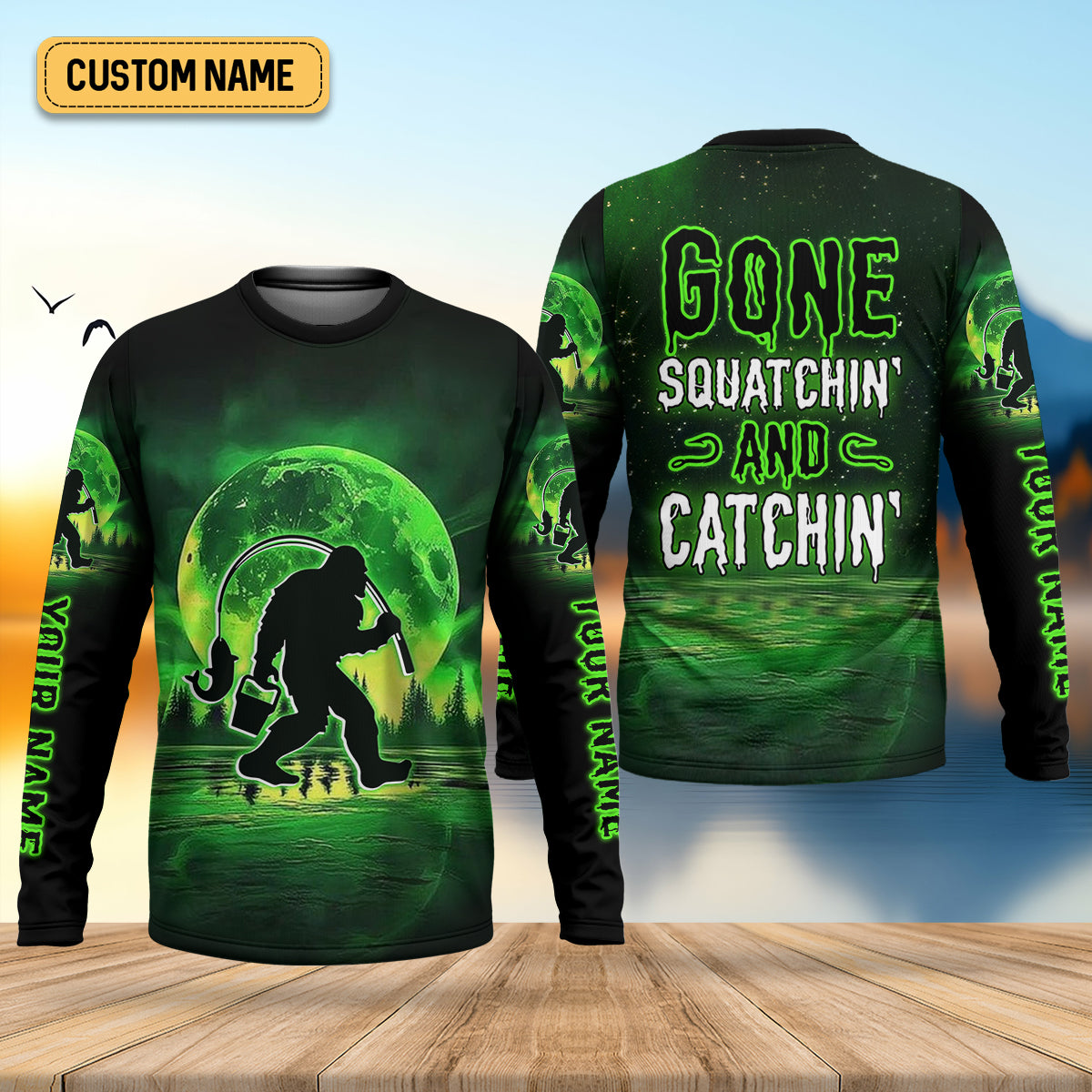 Gone Squatchin And Catchin Bigfoot Neon Green Color Funny Fishing Shirt, SPF Shirt For Men, Presents For Fishermen