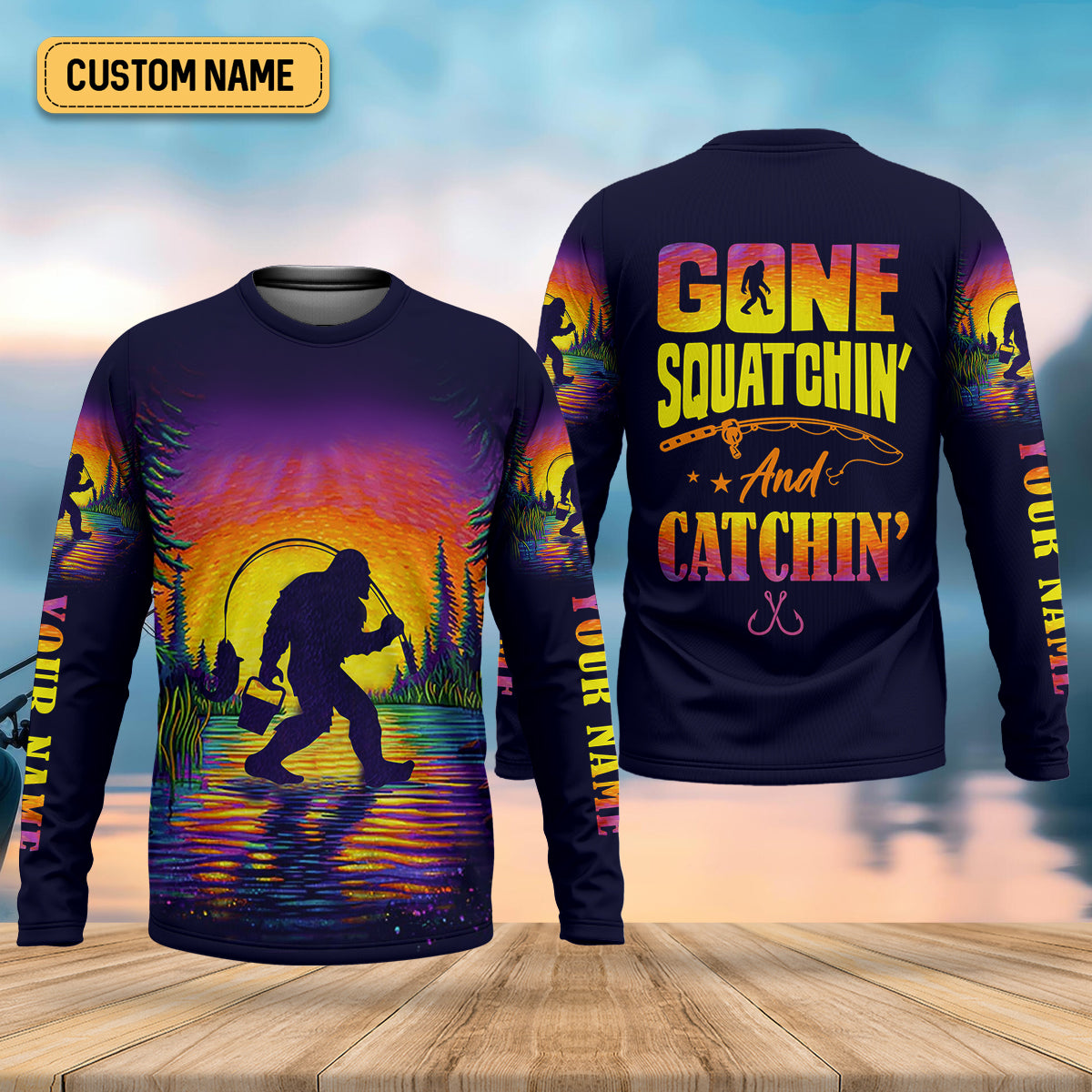 Gone Squatchin And Catching Sunset Fishing UPF Shirts, Funny Fishing Shirt, Sasquatch Fishing Shirts For Men