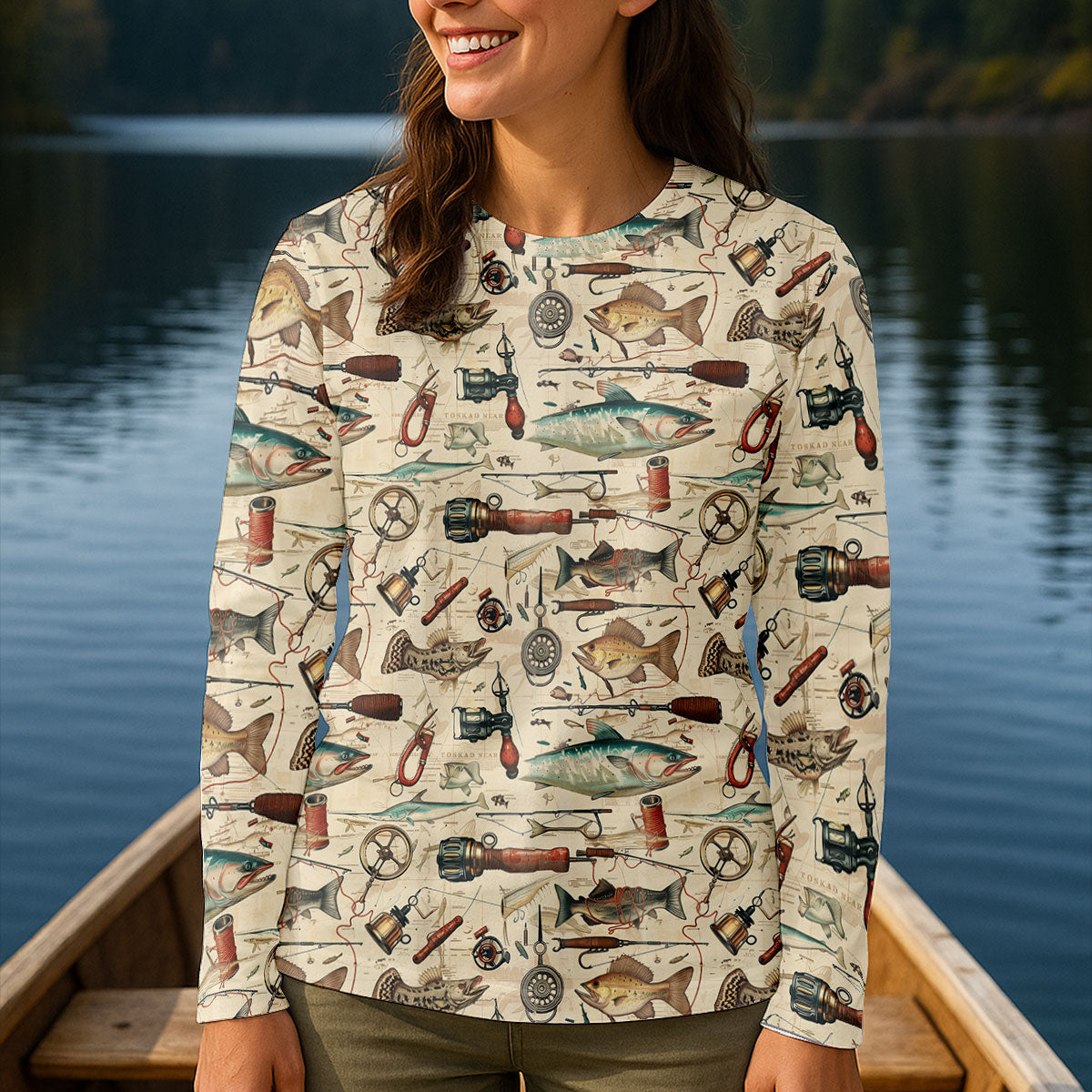 Vintage Fishing Gear Pattern UPF Shirt, Women's Fishing Shirts, Fishing Shirt Women