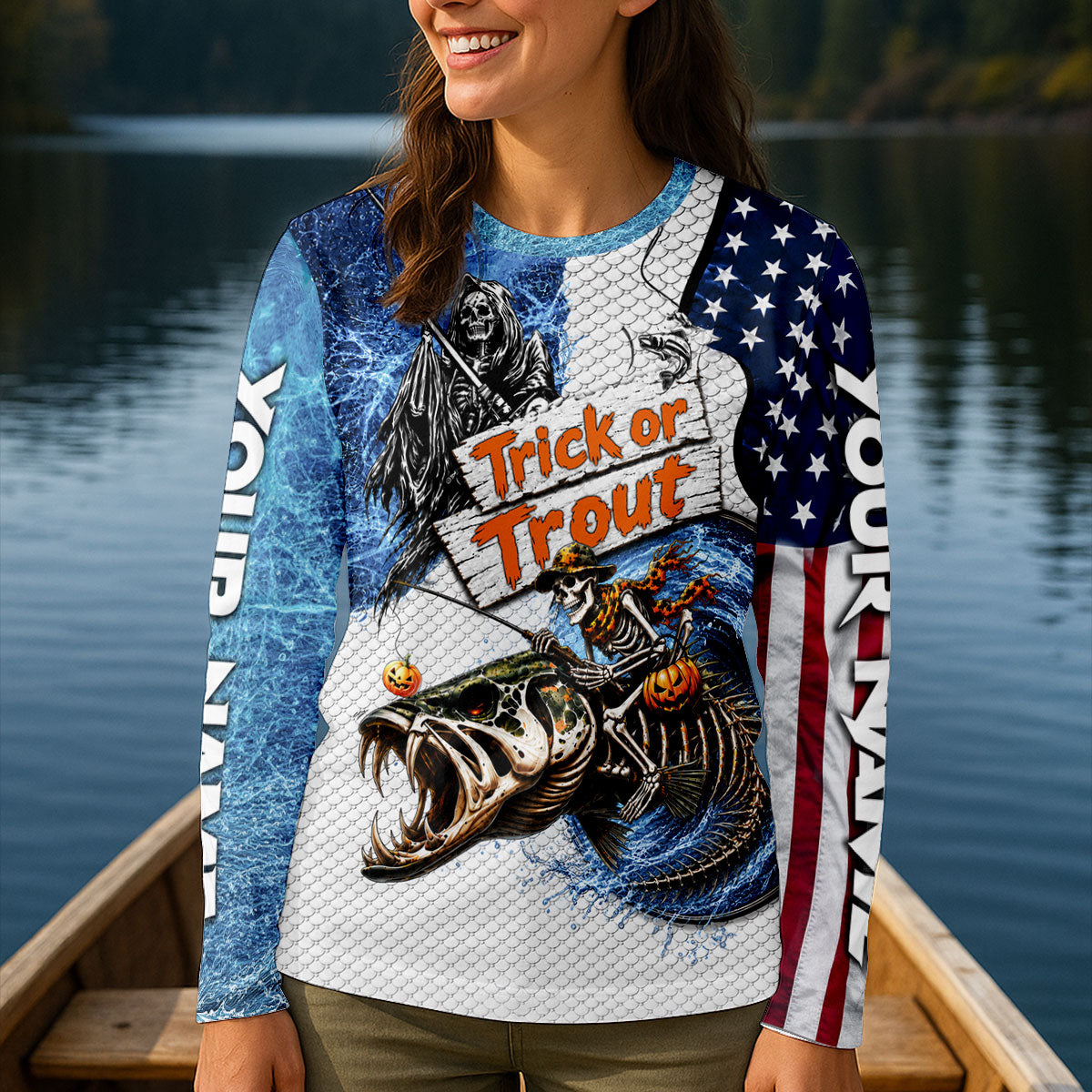 Trick Or Trout Fishing UPF Shirt, Funny Fishing Shirt For Women, Long Sleeve Fishing Shirt