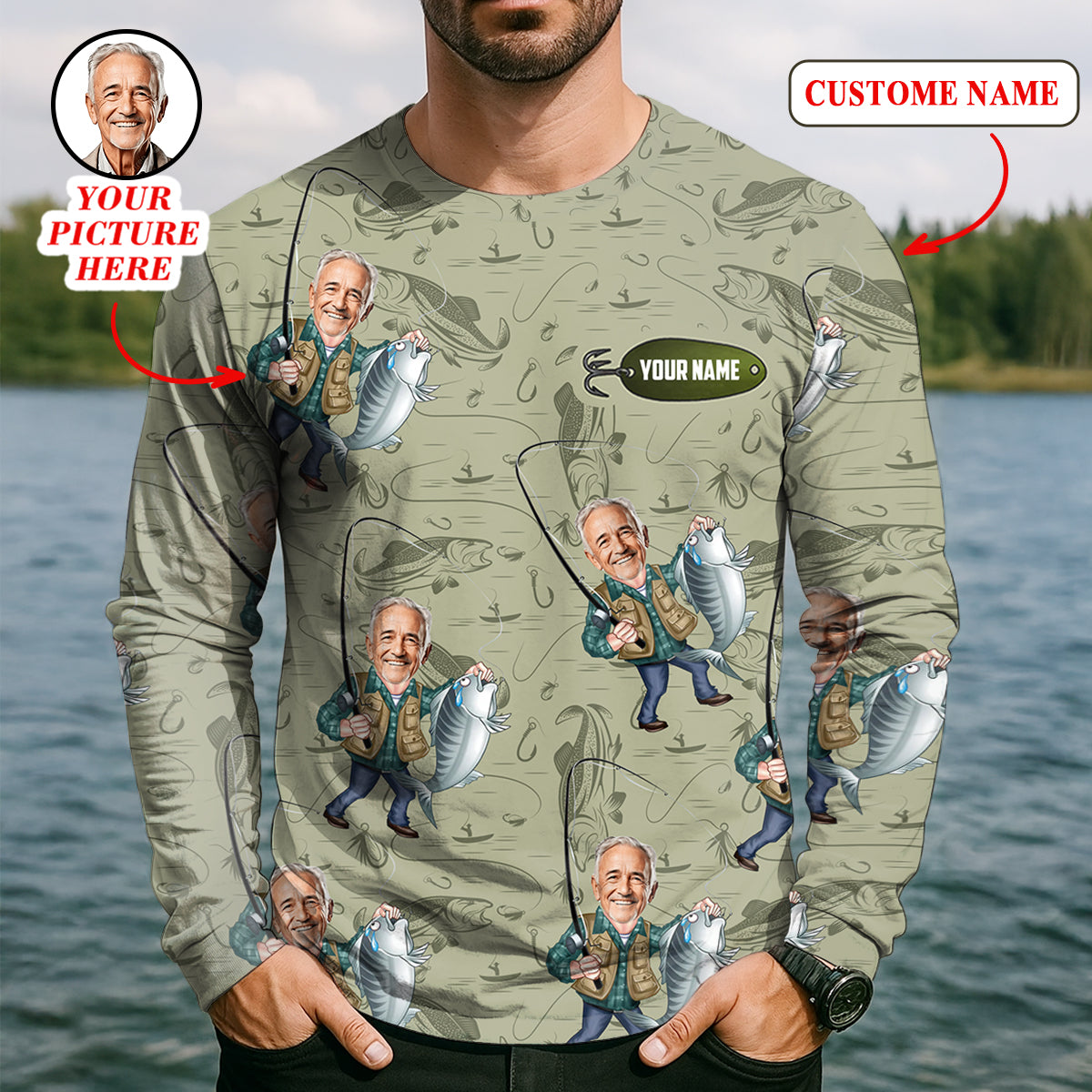 Funny Caricature Face Fishing Shirt, Funny Fishing Shirt, SPF Shirt, Fisherman Outfit, Mens Casual Shirts
