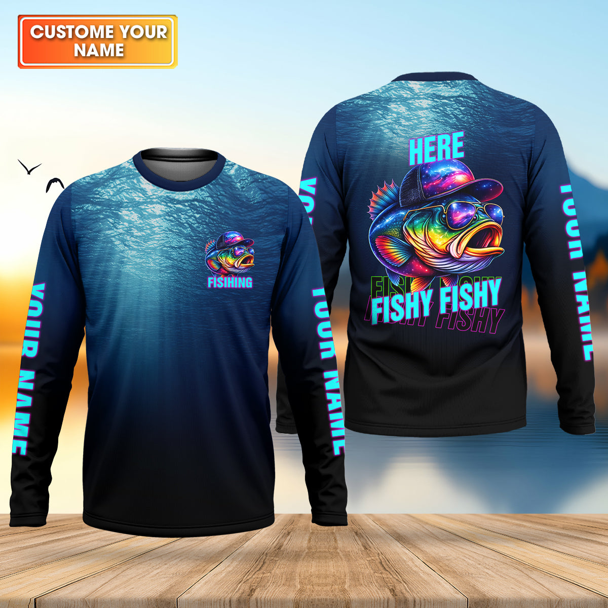 Here Fishy Fishy Fishy, Personalized Fishing Shirt, Fishing UPF Shirts, Funny Fisherman Gift