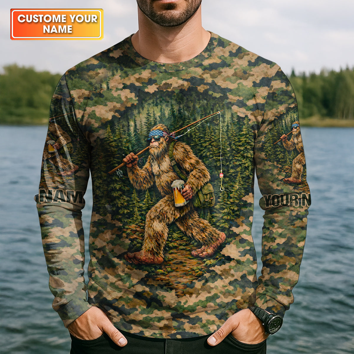 Bigfoot Fishing And Beer Earth Green Camo Fishing Shirt, Fishing UPF Shirts, Fishing Shirts For Men