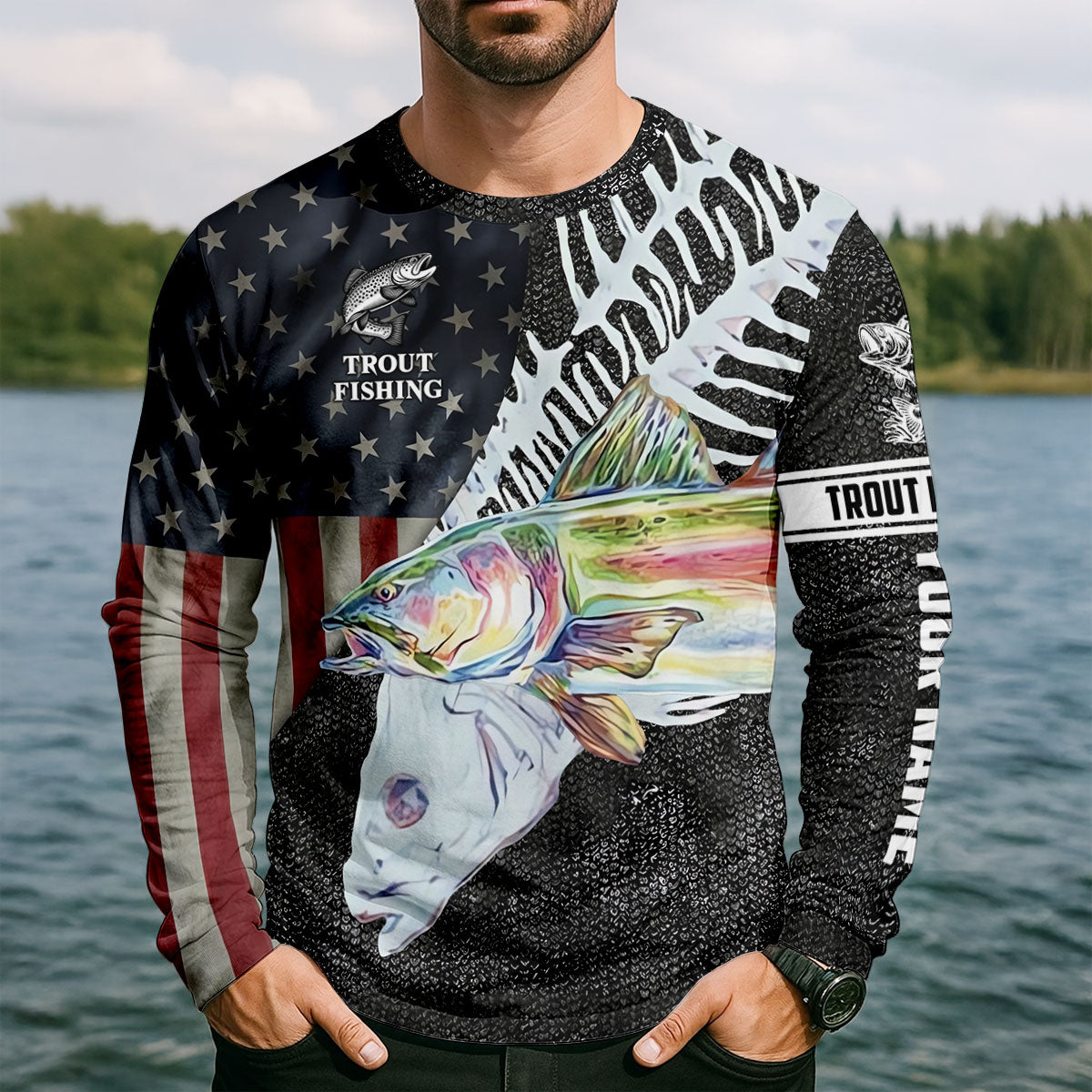Trout Fishing American Flag Long Sleeve Shirt, Men’s Fishing Shirts, Fishing Sun Shirt