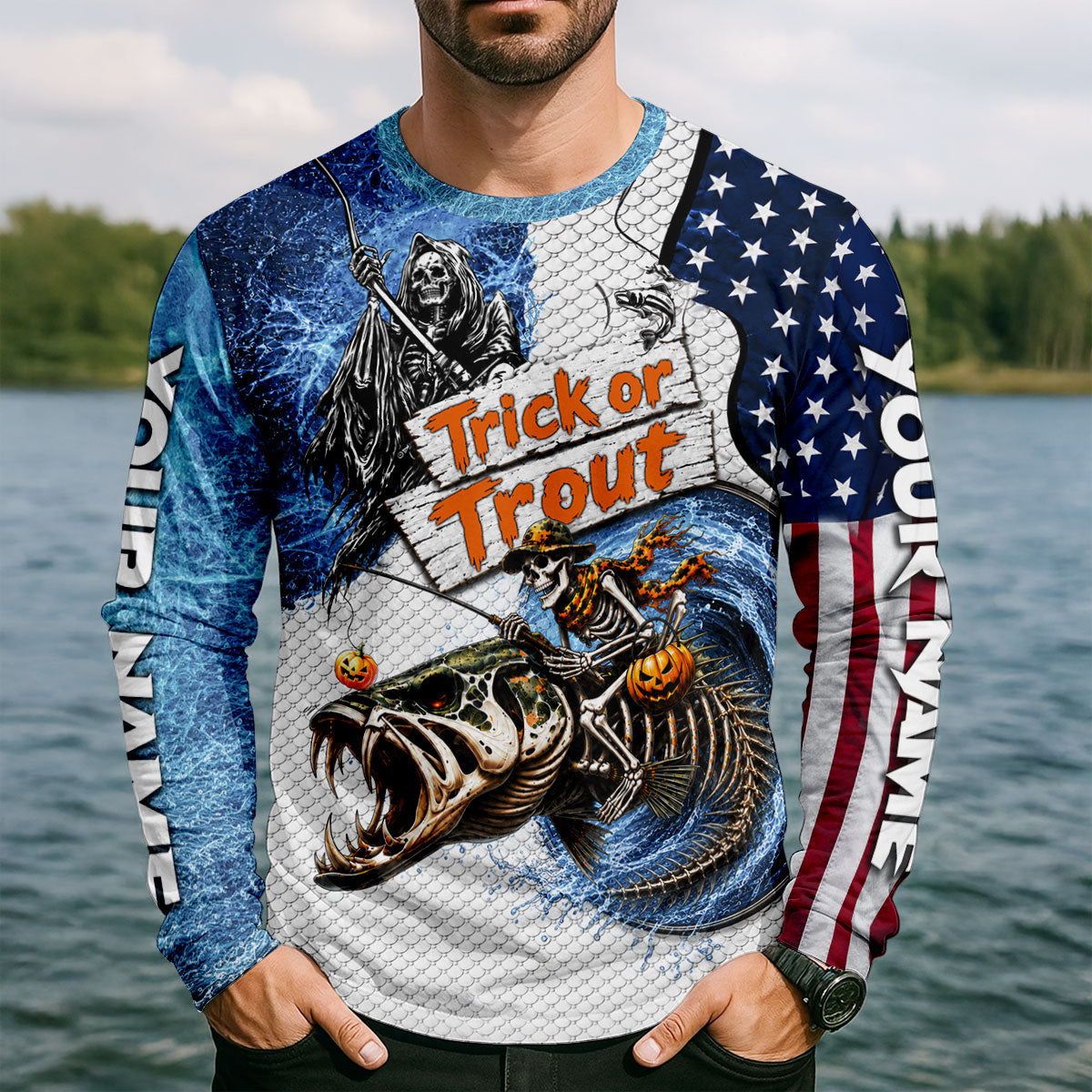 Trick Or Trout Fishing UPF Shirt, Funny Fishing Shirt For Men, Long Sleeve Fishing Shirt