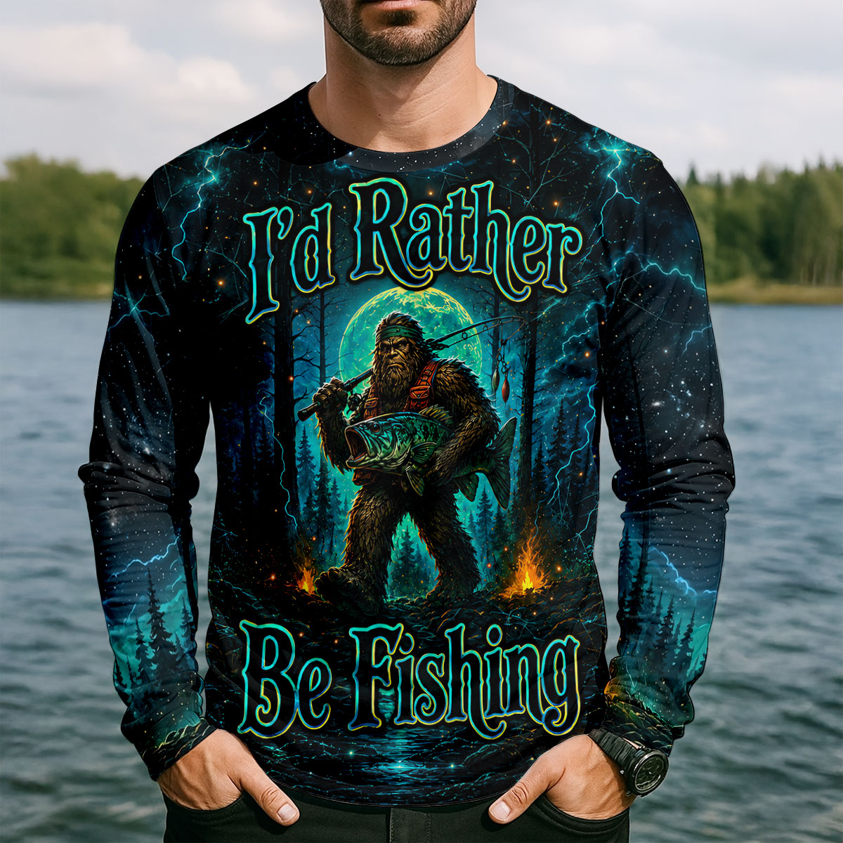 Bigfoot Rather Be Fishing Long Sleeve Shirt, Men's Long Sleeve Shirt, Fishing Gift For Men