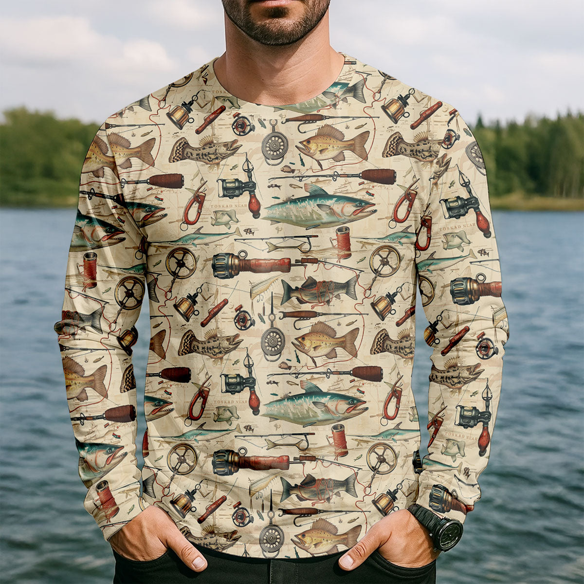 Vintage Fishing Gear Pattern UPF Shirt, Fishing Shirts, Fishing Shirts For Men