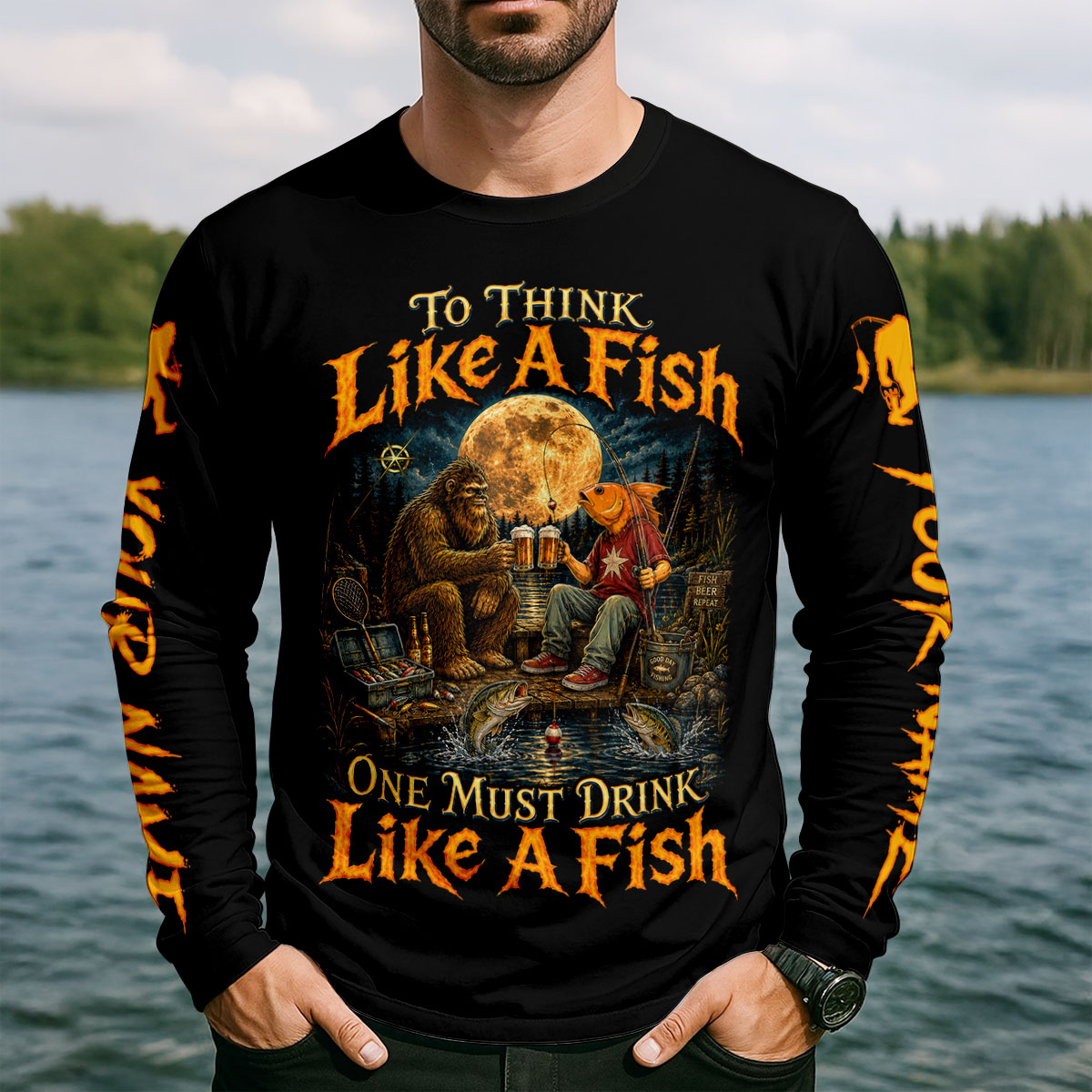 Custom To Think Like A Fish UPF Shirt, Funny Fishing Shirt For Men, Long Sleeve Fishing Shirt