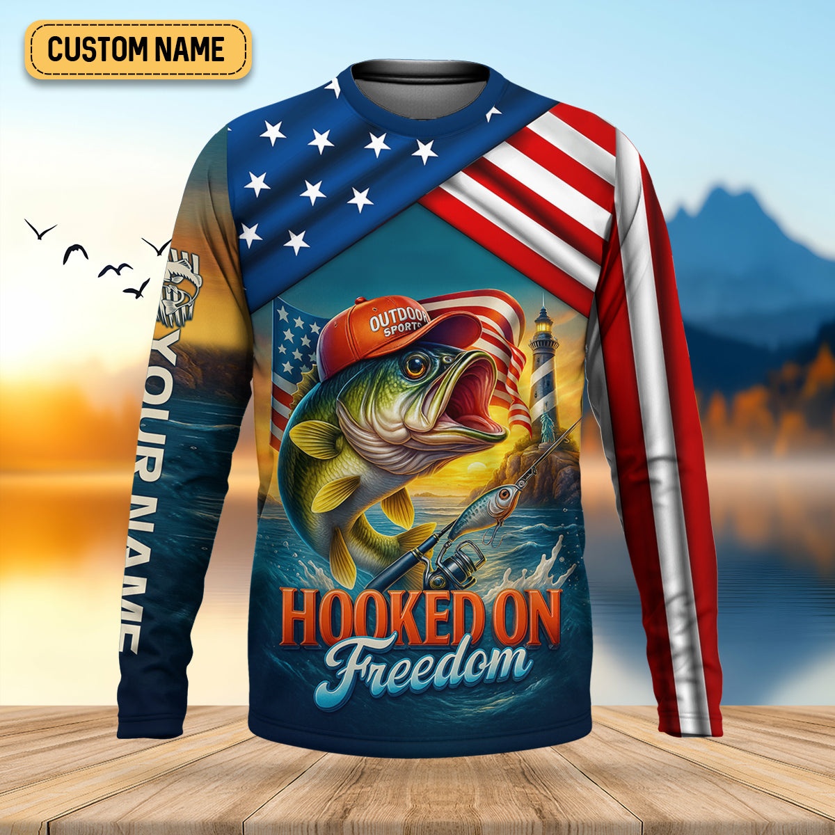Hooked On Freedom Patriotic Fishing Shirt, Largemouth Bass Fishing SPF Shirt For Men, Men's Fishing Shirt