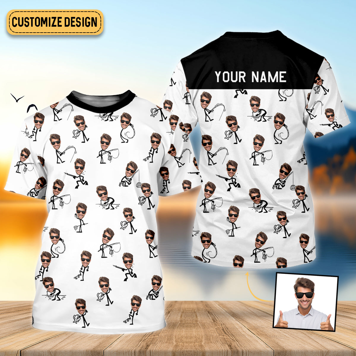 Funny Stick Figure Fishing Pose Custom Face SPF Shirt For Men, Funny Fishing Shirt, Fishing Shirts For Men