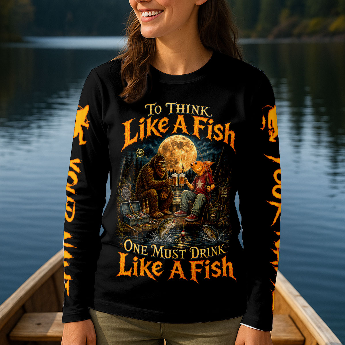 Custom To Think Like A Fish UPF Shirt, Funny Fishing Shirt For Women, Long Sleeve Fishing Shirt