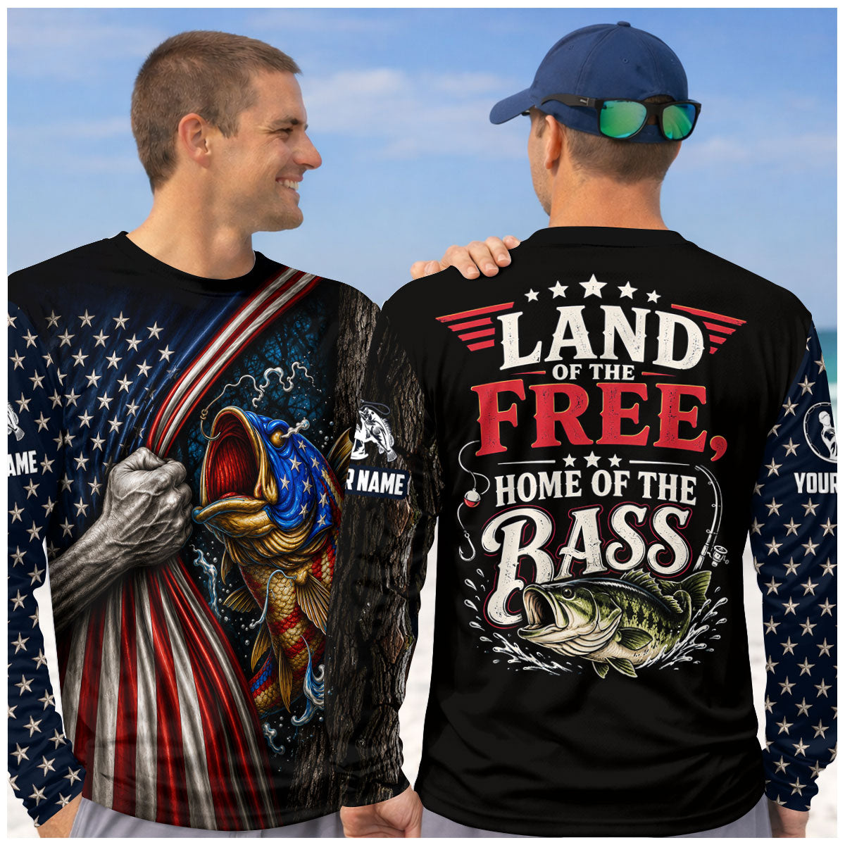 Personalized Patriotic Bass Fishing Long Sleeve Shirt, Fishing Shirts For Men, American Fishing Shirt