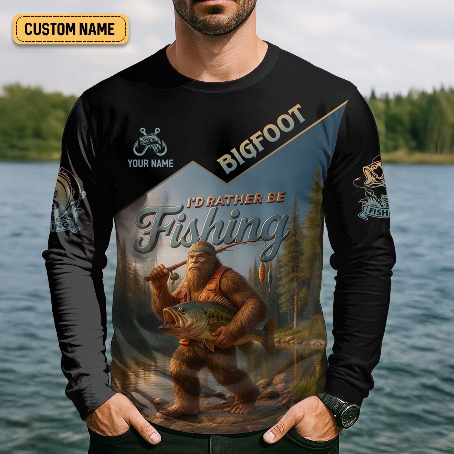 I'd Rather Be Fishing, Bigfoot Fishing UPF Shirts, Funny Men Fishing Shirt, Long Sleeve Fishing Shirts