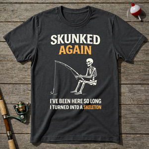 Skunked Again Fishing Skeleton T-Shirt — Charcoal