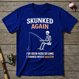 Skunked Again Fishing Skeleton T-Shirt — Royal Blue