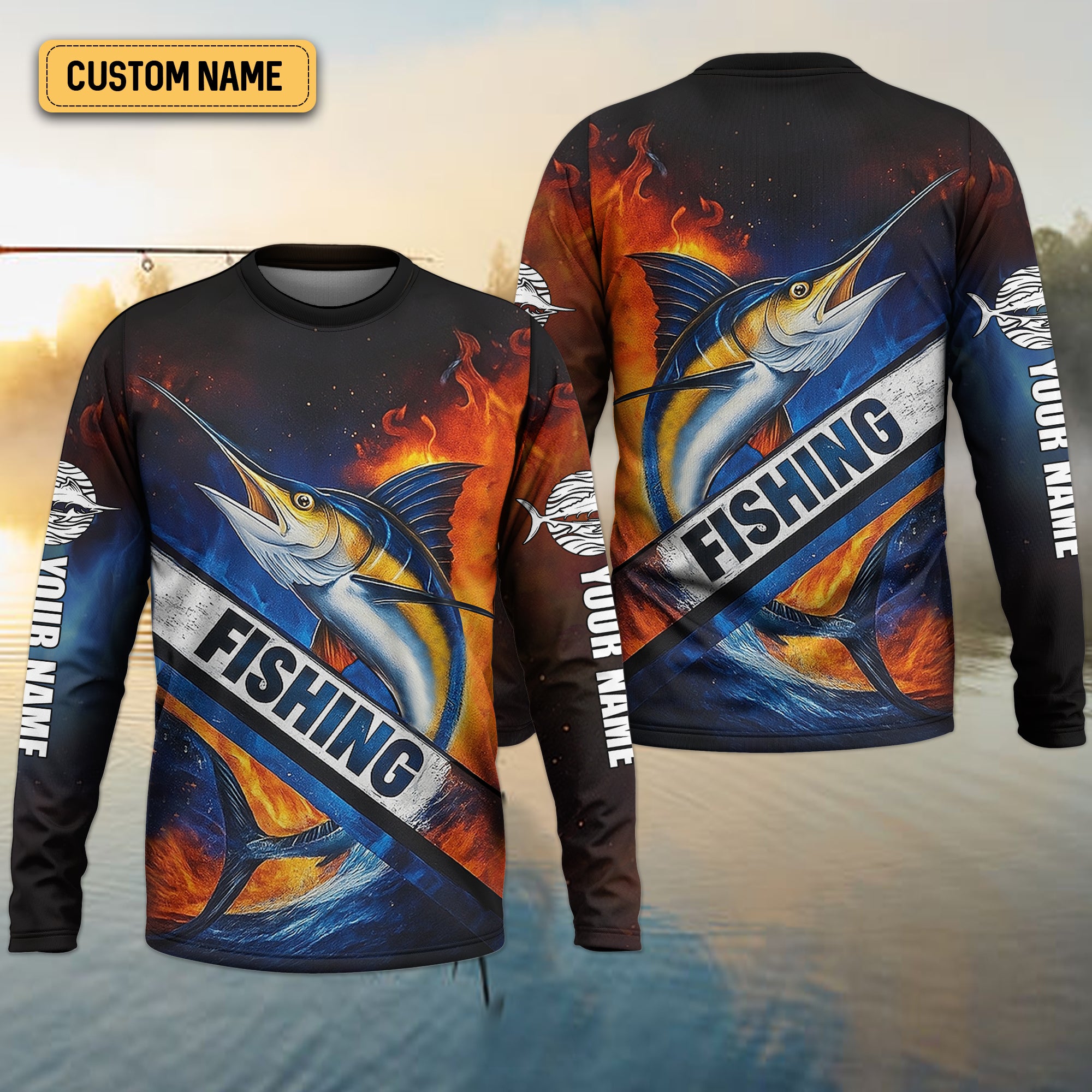 Swordfish Logo Fishing UPF Shirts, Long Sleeve Fishing Shirts, Hooded Fishing Shirt
