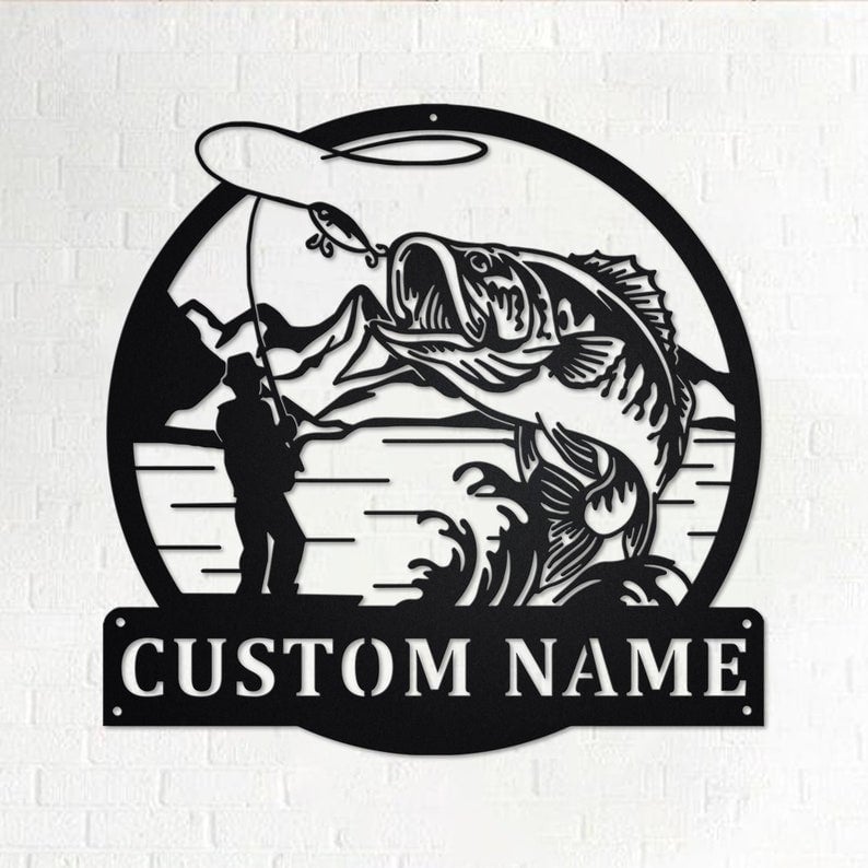 Custom Fisherman Bass Fish Personalized Fisherman Name Sign Decoration For Room Bass Fishing Metal Bass Fishing
