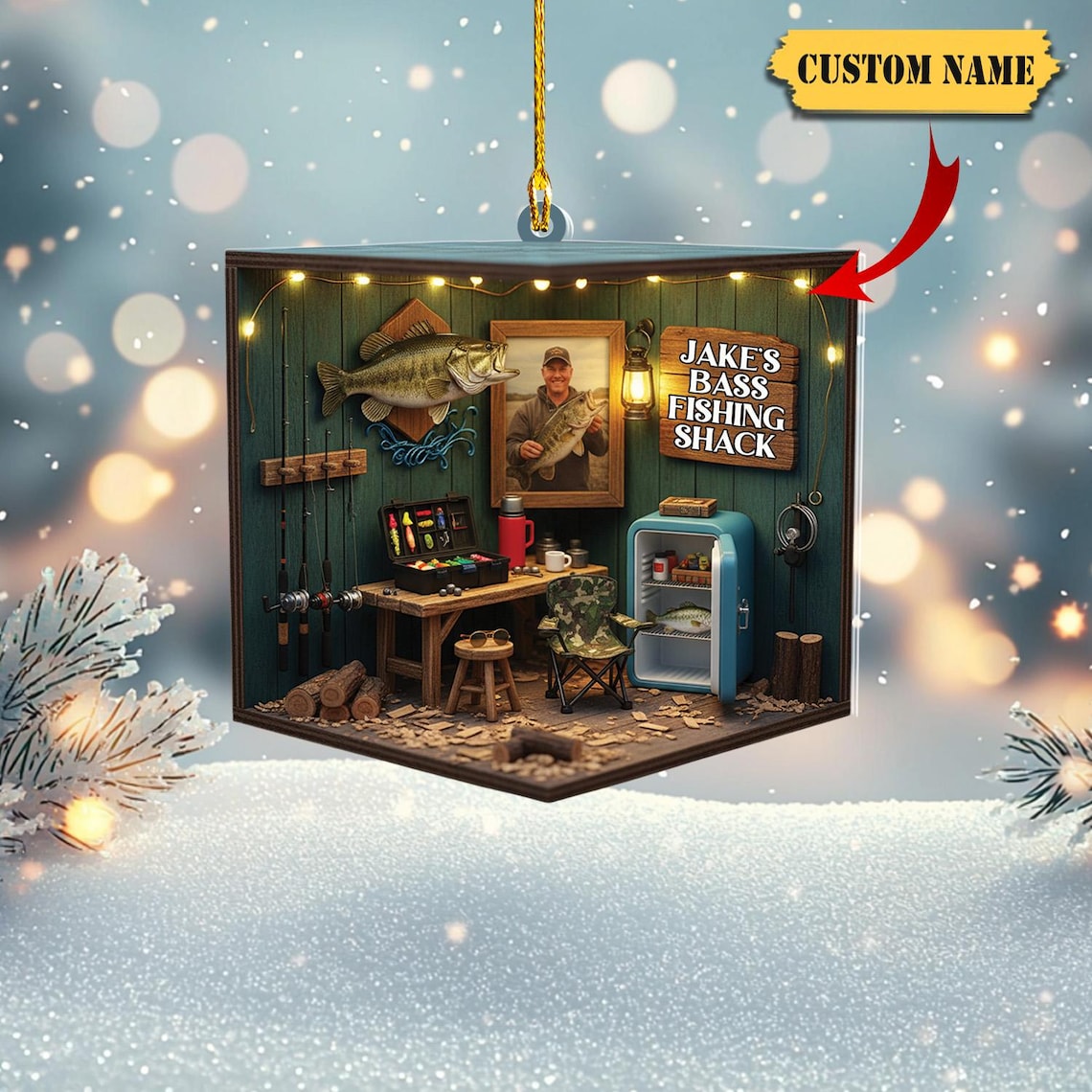Rustic Fishing Cabin Custom Acrylic Ornament, Fishing Ornament, Gift For Fisherman, Christmas Tree Decor