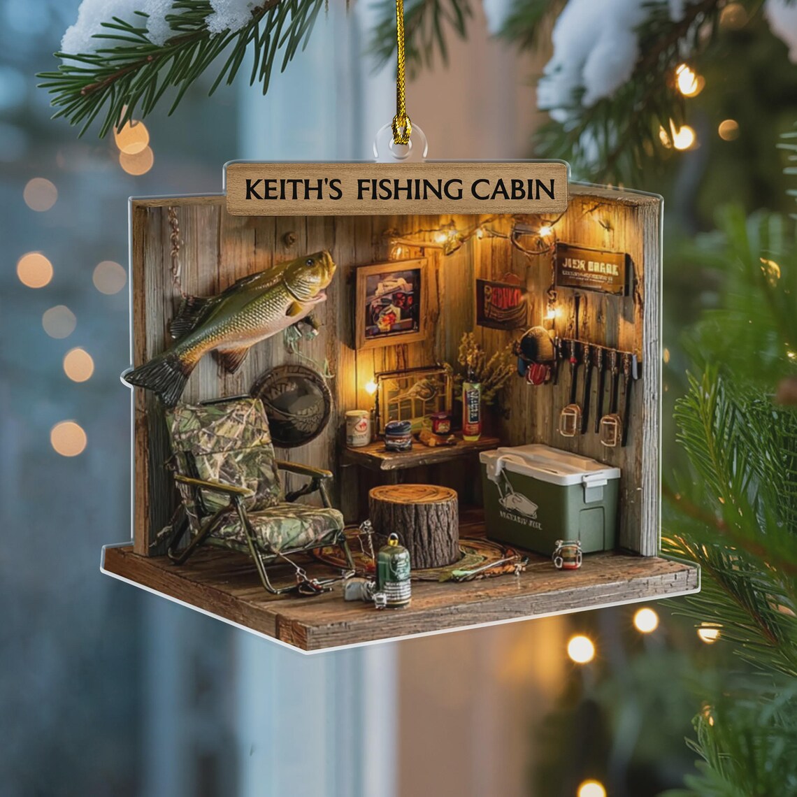 Fishing Cabin Custom Name Acrylic Ornament, Fishing Ornament, Christmas Tree Decor