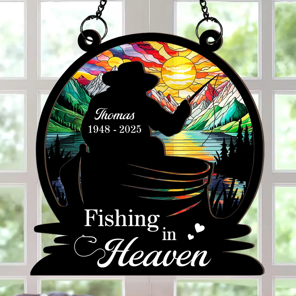 Fishing In Heaven Memorial Personalized Suncatcher, Fishing Gifts, Memorial Christmas Ornaments